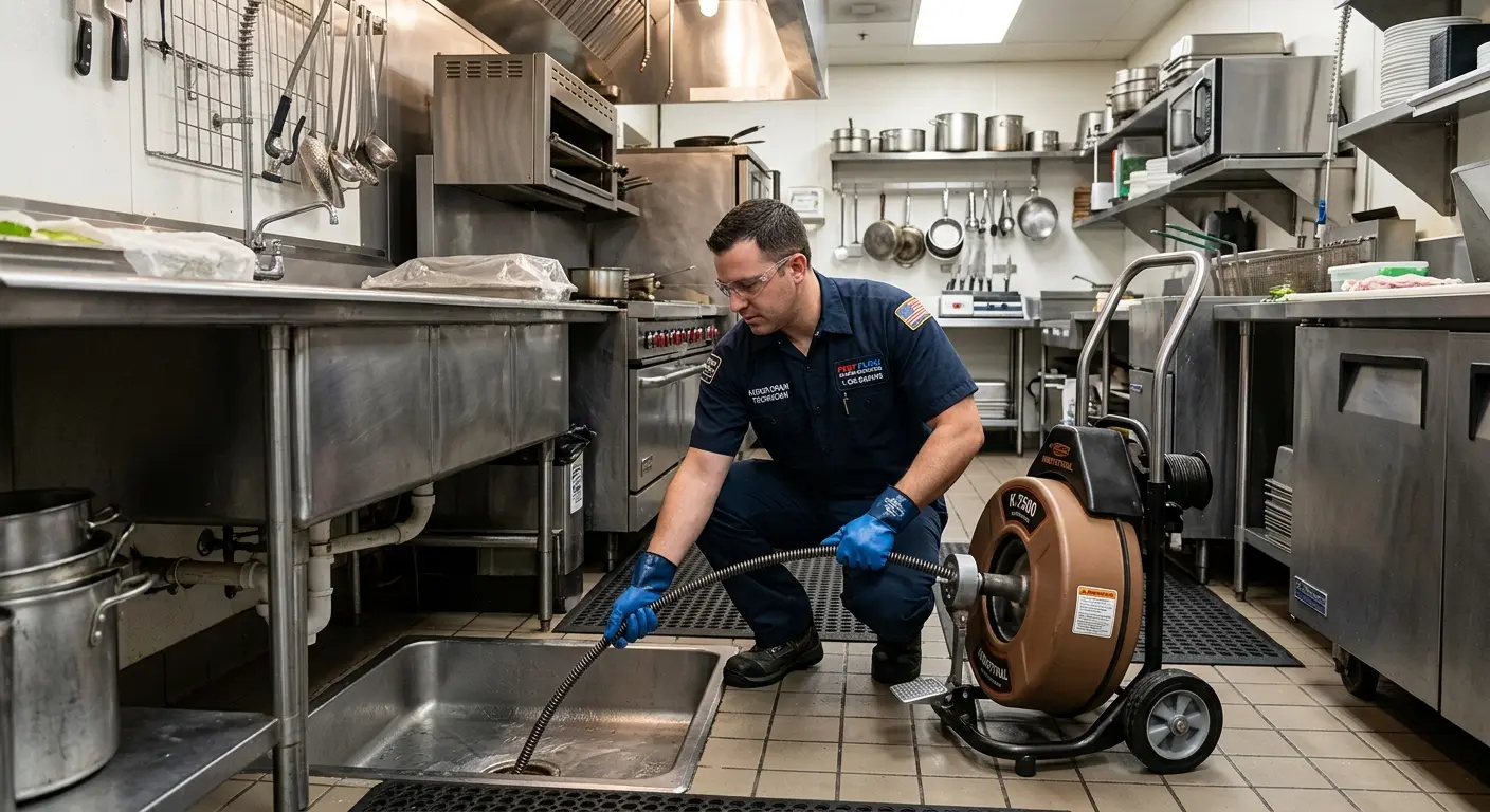 Commercial drain cleaning service in a restaurant kitchen in Gouverneur