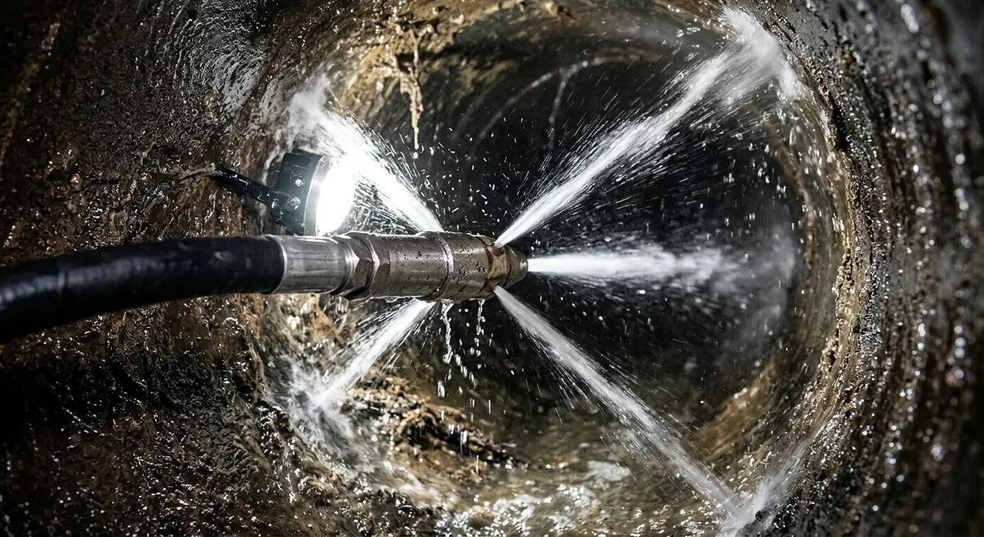 High-pressure hydro jetting nozzle cleaning sewer pipe for Emergency Drain Service in Gouverneur