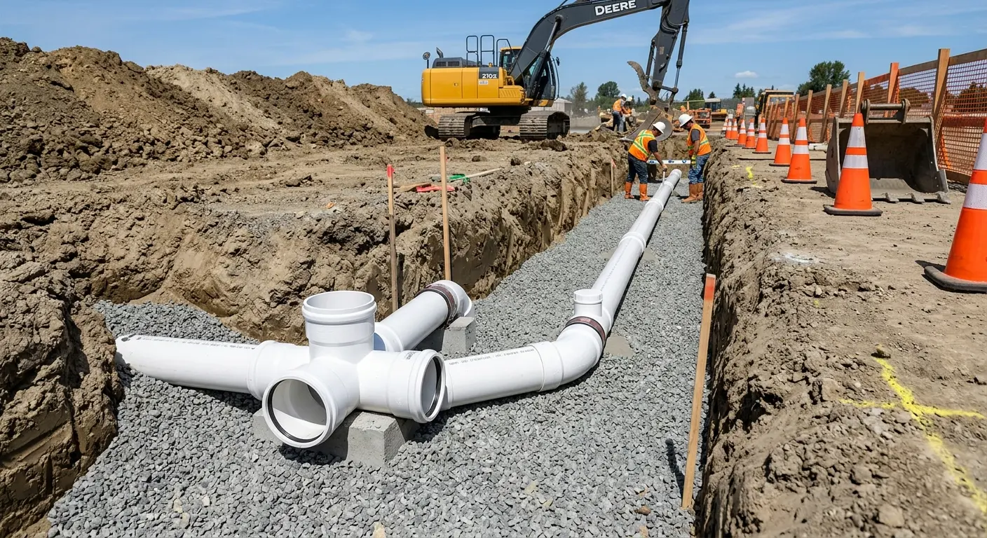 New PVC sewer pipe installation in open trench for Grease Trap Cleaning in Gouverneur