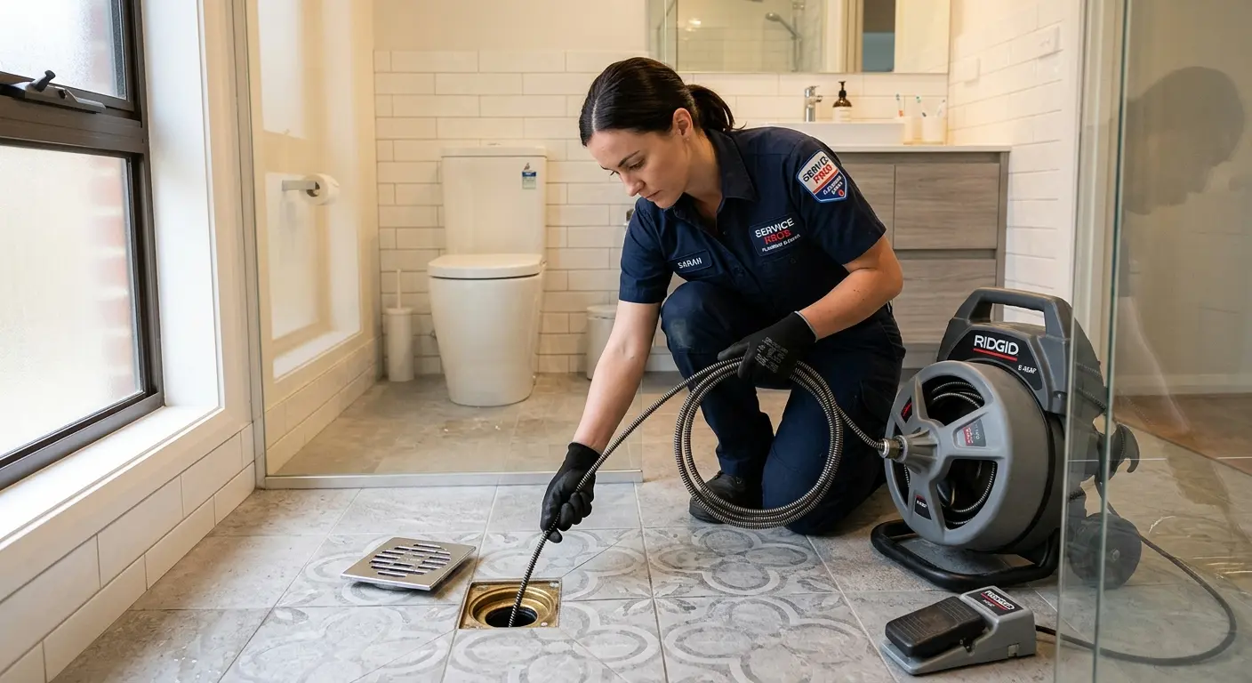 Technician clearing a bathroom floor drain for Drain Cleaning in Gouverneur